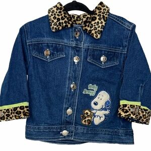 🐾 Vintage Baby Snoopy Denim Jacket – 12M – Leopard Trim – Adorable! 🐾